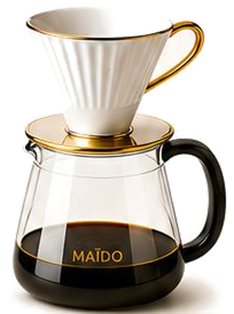 White and gold V60 dripper with Maïdo coffee carafe